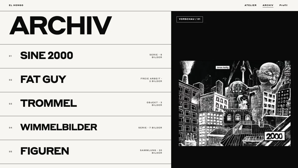 El Hongo artwork archive with a collection list and a black-and-white illustration by Jonas Aellig