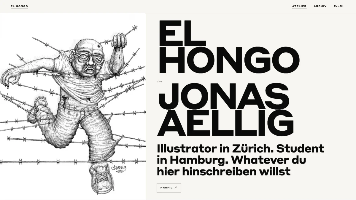 El Hongo landing page with a black-and-white illustration by Jonas Aellig beside oversized artist typography